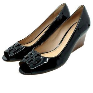 TORY BURCH~Lowell Peep Toe Wedge Pump~PATENT LEATHER SHOES in BLACK SIZE 9.5